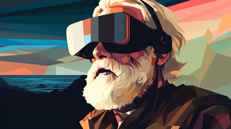 Old man in virtual reality helmet. Vector illustration in cartoon style.の素材