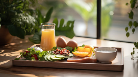 Breakfast with fried eggs, bacon, avocado and tomatoes on wooden boardの素材