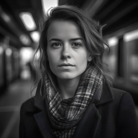 Black and white portrait of a young woman in a subway station.の素材