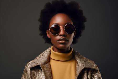 Stylish african american woman with afro hairstyle in golden jacket and sunglasses on dark backgroundの素材