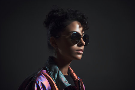 Fashion portrait of stylish african american woman in sunglasses on dark backgroundの素材