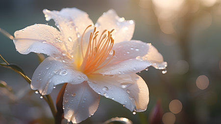 Beautiful white lily flower with dew drops in the garden.の素材