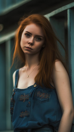 Fashion portrait of young beautiful redhead woman with frecklesの素材