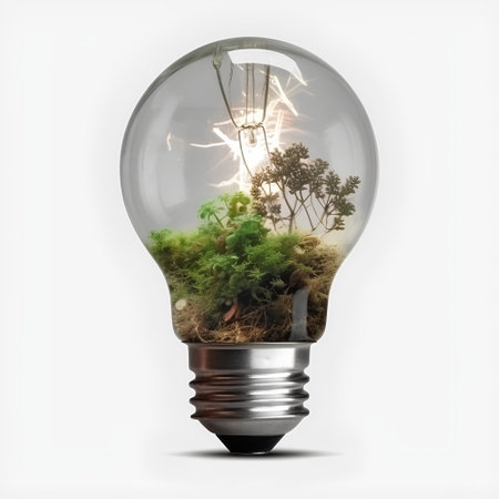 Glowing light bulb with moss inside, isolated on white background.の素材