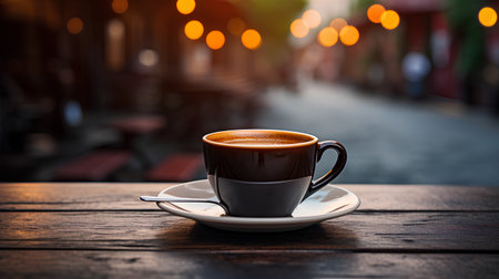 Coffee cup on wooden table in coffee shop with bokeh backgroundの素材