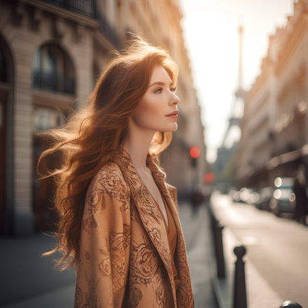 Beautiful redhead girl walking on the street of Paris, Franceの素材