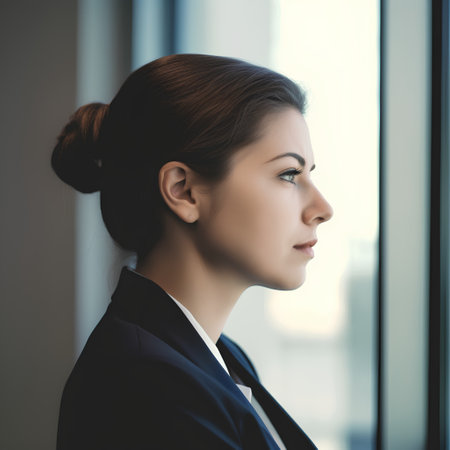 Portrait of a young businesswoman standing in office and looking awayの素材
