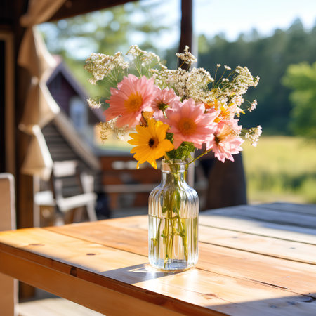 Bouquet of wildflowers in a glass vase on a wooden tableの素材