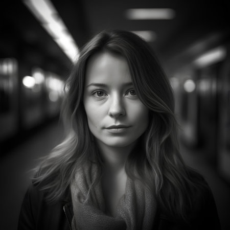 Black and white portrait of a beautiful young woman in a tunnel.の素材