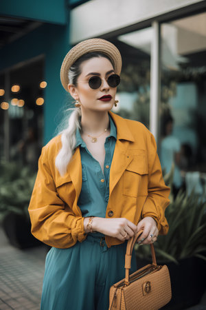 stylish young woman in sunglasses and yellow coat with handbag in cityの素材