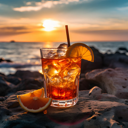 Cocktail with ice and lemon on the beach at sunset.の素材