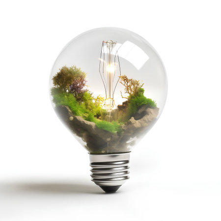 Glowing light bulb with green grass inside, isolated on white backgroundの素材
