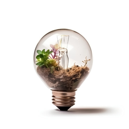 Incandescent light bulb with soil and plant inside isolated on whiteの素材