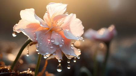 Raindrops on the petals of a flower in the sunlight.の素材