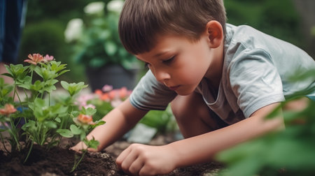 Cute little boy planting flowers in the garden. Selective focus.の素材