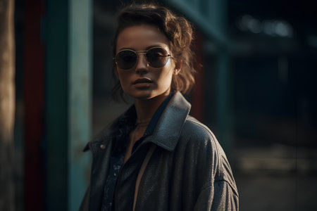 Fashionable young woman in sunglasses on the street in the eveningの素材