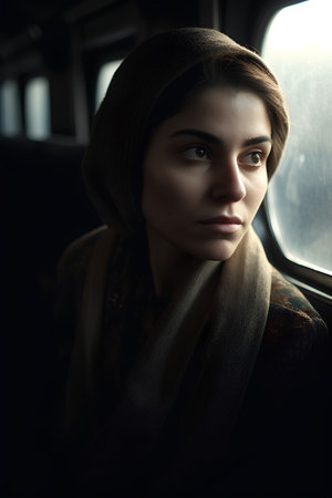 Beautiful young woman in a train interior. Beauty, fashion.の素材