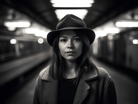 Young woman wearing a hat and coat at the subway station (black and white)の素材