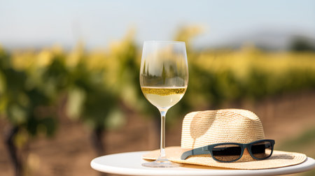 A glass of white wine with a straw hat and sunglasses on a table in a vineyard.の素材