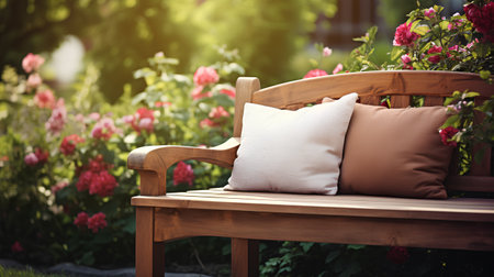 Wooden bench with pillows in the garden. Soft focus.の素材