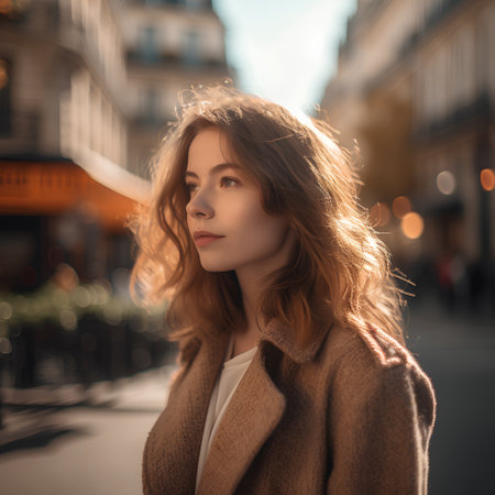 Portrait of a beautiful young woman in a coat on the streetの素材