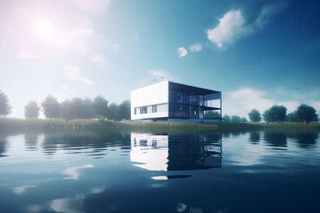 3d rendering of modern house on the lake with blue sky backgroundの素材