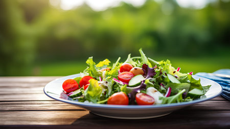 Fresh vegetable salad with cherry tomatoes, lettuce, onion and arugula on a wooden table.の素材