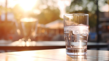Glass of water with ice cubes on a wooden table in a restaurantの素材
