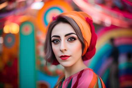 Portrait of a beautiful girl with bright make-up in a headscarfの素材