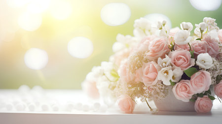 beautiful bouquet of white and pink roses in vase on bokeh backgroundの素材
