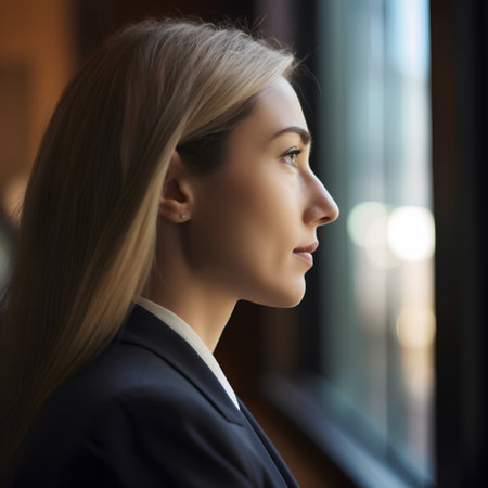 Portrait of a young business woman in a suit looking out the windowの素材
