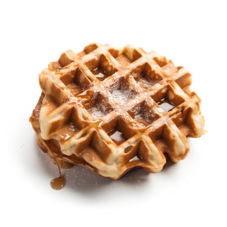 Traditional belgian waffles with caramel syrup isolated on white background.の素材