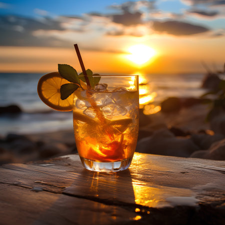 Cocktail with ice and lemon on the beach at sunset.の素材
