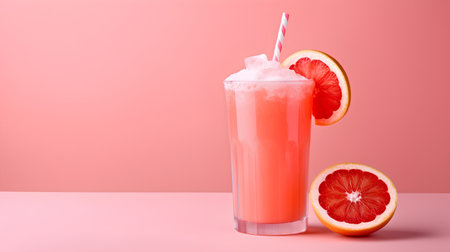 Grapefruit juice in a tall glass on a pink background.の素材