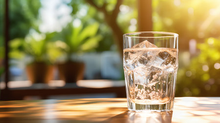 Glass of water with ice cubes on wooden table in coffee shop or restaurantの素材