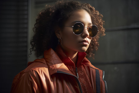 Fashionable african american woman in red jacket and sunglassesの素材