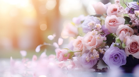 Bouquet of pink and purple roses on the table, soft focusの素材