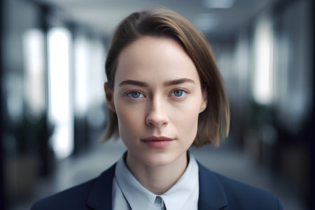 Portrait of young businesswoman looking at camera on blurred office backgroundの素材