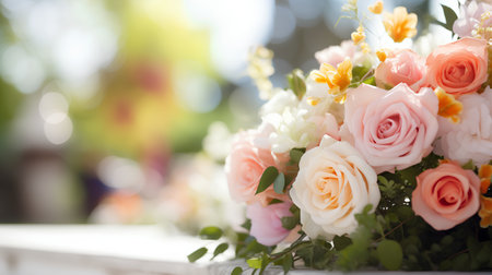Bouquet of pink and white roses on the windowsill.の素材
