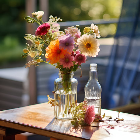 Beautiful bouquet of flowers in glass vase on wooden tableの素材