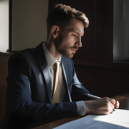 Serious businessman sitting at table in office and writing in notepadの素材