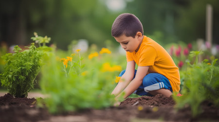 Cute little boy planting seedlings in the garden at springtimeの素材