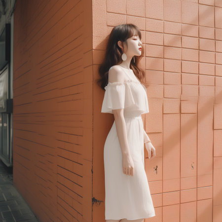 Beautiful asian woman wearing white dress standing near orange wall.の素材