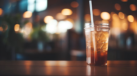 Glass of iced tea on wooden table in coffee shop, stock photoの素材