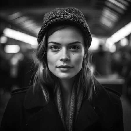Portrait of a young woman in a train. Black and white photo.の素材