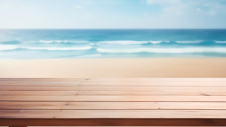 Wood table top on blur beach background - can be used for display or montage your productsの素材