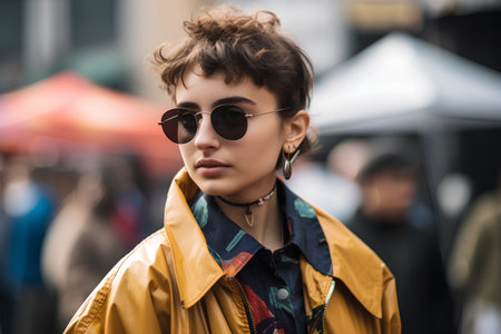 beautiful young woman in sunglasses and a yellow raincoat on the streetの素材
