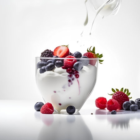 yogurt with fresh berries in a glass on a white backgroundの素材