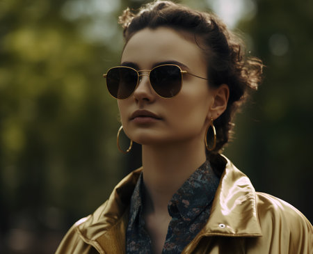 Fashion portrait of a beautiful young woman in a golden jacket and sunglassesの素材