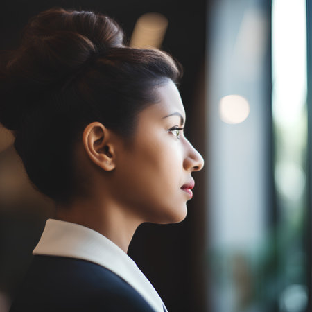 Side view of young businesswoman looking away while standing in office.の素材